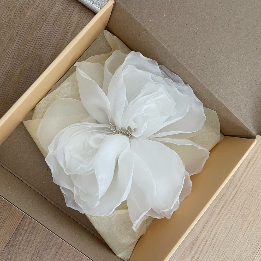 Giant White Peony Brooch 10” Organza Rose Statement Flower Pin